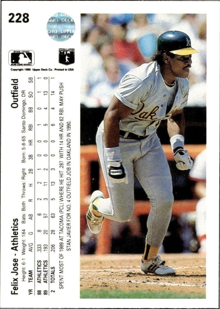 1990 Upper Deck Low Number Felix Jose #228 baseball trading card back