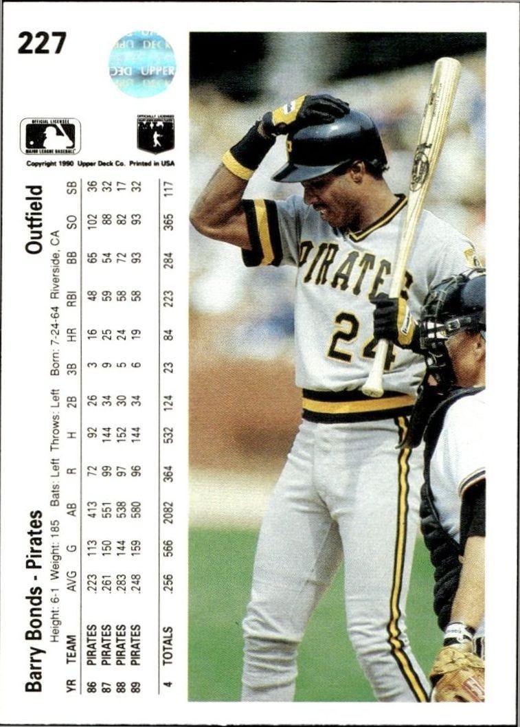 1990 Upper Deck Low Number Barry Bonds #227 baseball trading card back