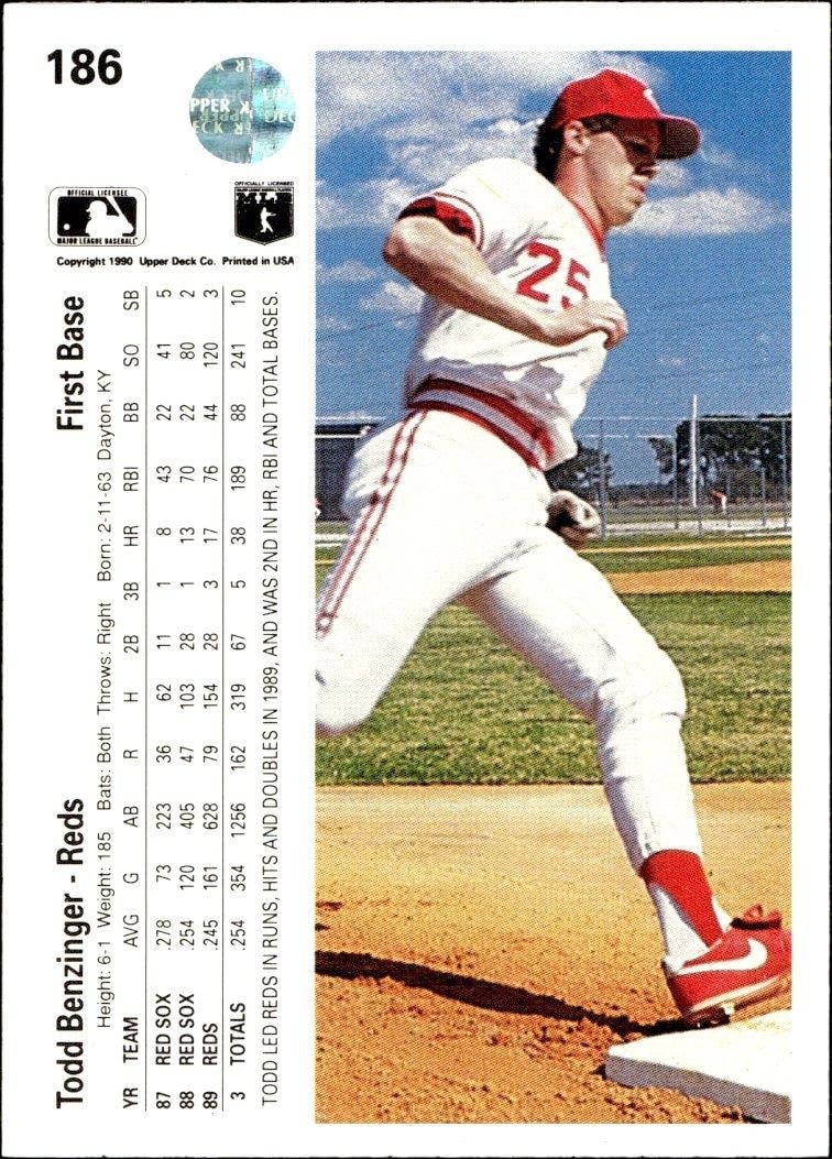1990 Upper Deck Low Number Todd Benzinger #186 baseball trading card back