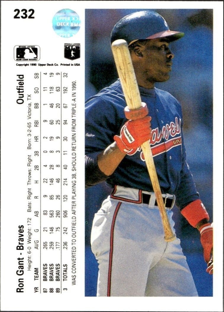 1990 Upper Deck Low Number Ron Gant #232 baseball trading card back