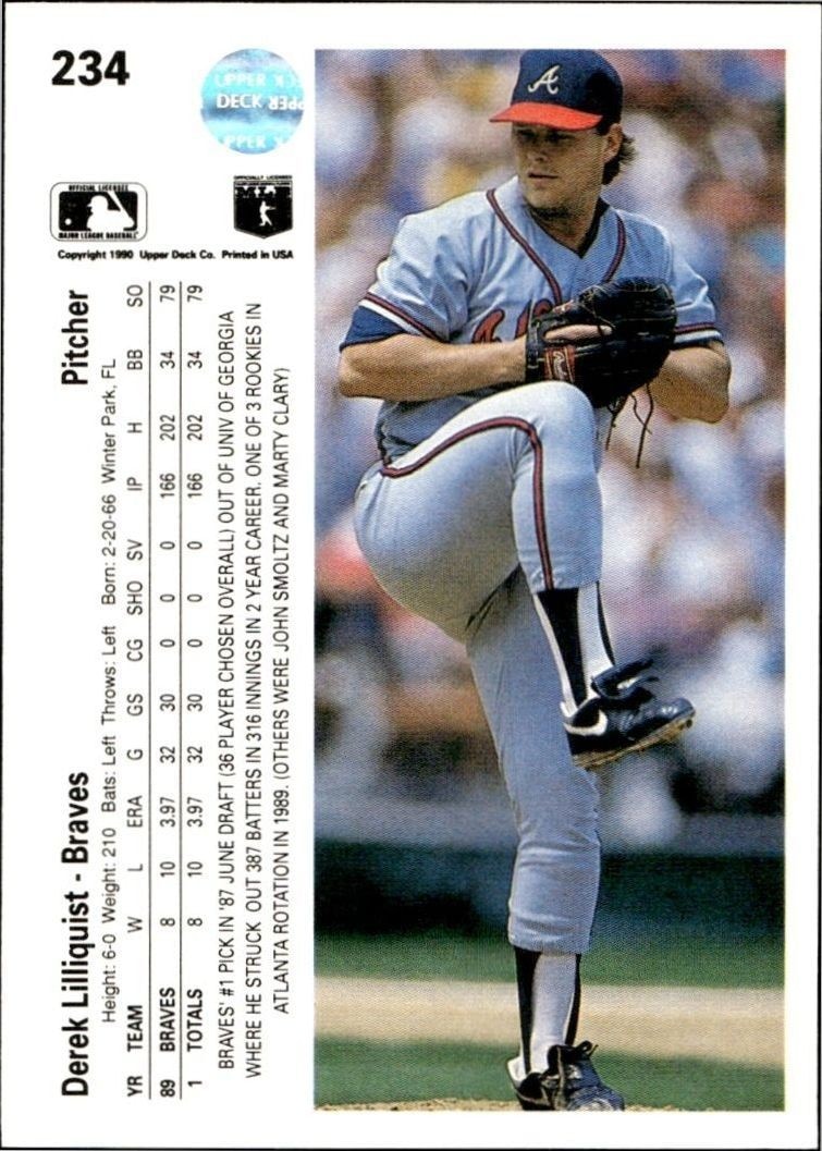 1990 Upper Deck Low Number Derek Lilliquist #234 baseball trading card back
