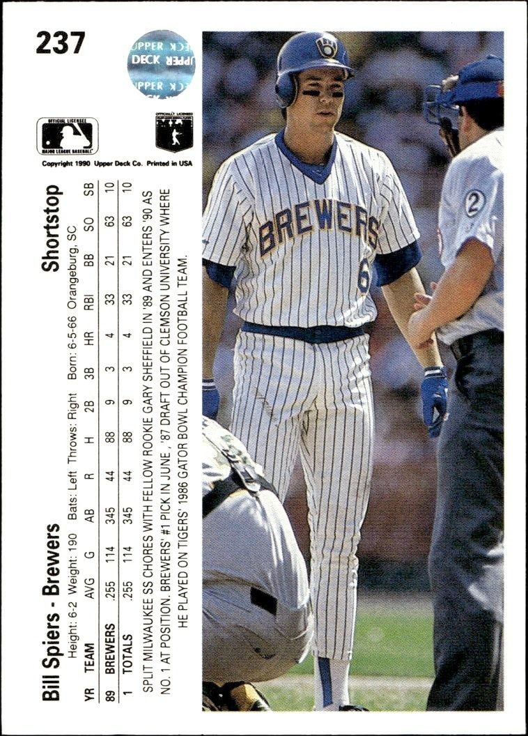 1990 Upper Deck Low Number Bill Spiers #237 baseball trading card back