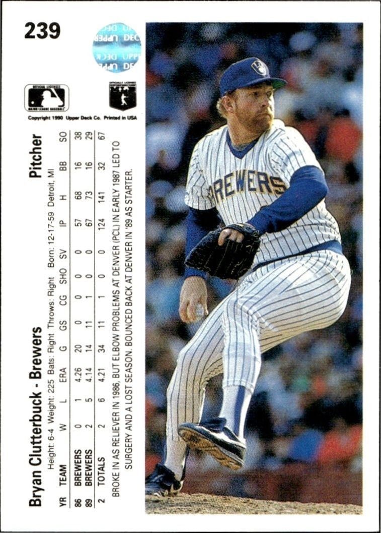 1990 Upper Deck Low Number Bryan Clutterbuck #239 baseball trading card back