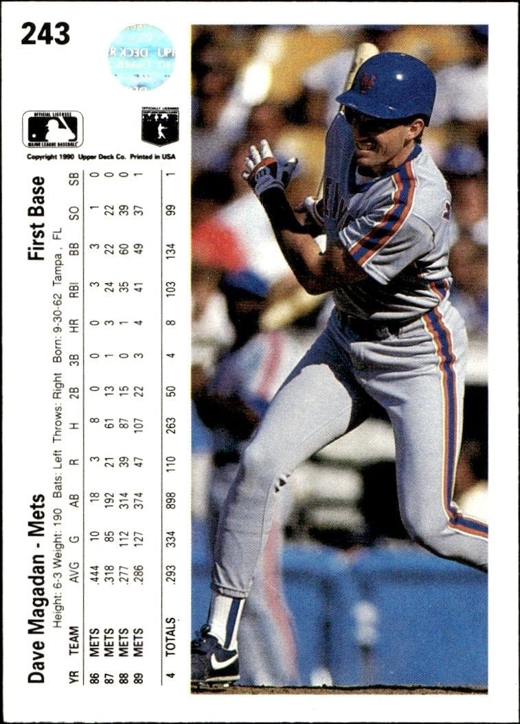 1990 Upper Deck Low Number Dave Magadan #243 baseball trading card back