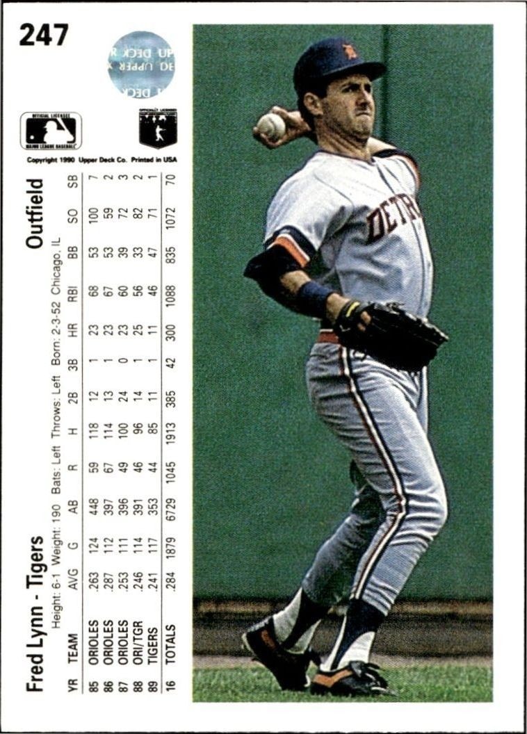 1990 Upper Deck Low Number Fred Lynn #247 baseball trading card back
