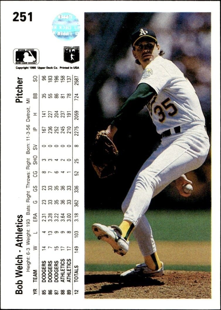 1990 Upper Deck Low Number Bob Welch #251 baseball trading card back