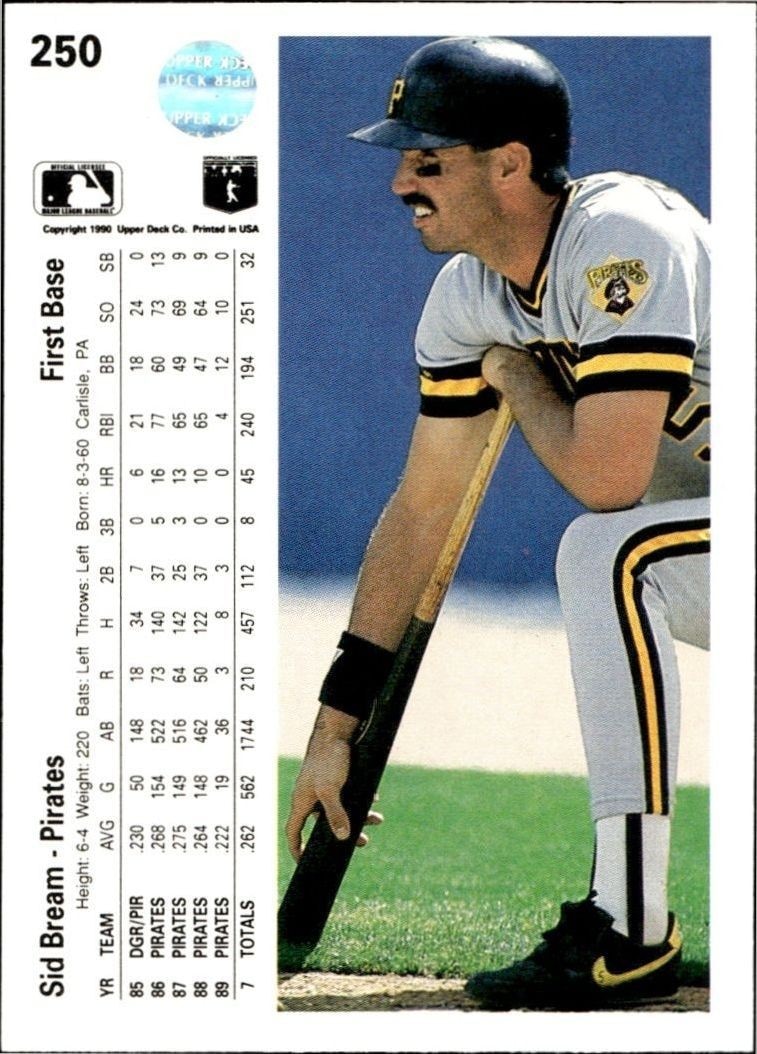 1990 Upper Deck Low Number Sid Bream #250 baseball trading card back