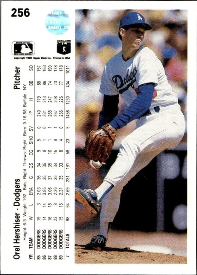 1990 Upper Deck Low Number Orel Hershiser #256 baseball trading card back