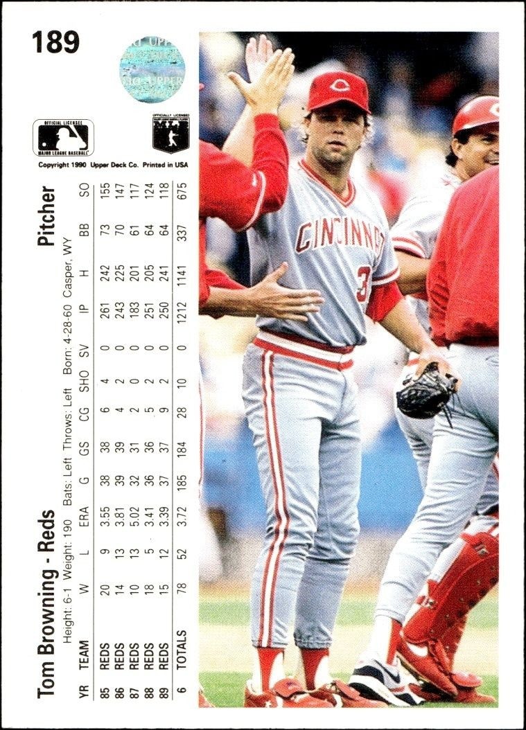 1990 Upper Deck Low Number Tom Browning #189 baseball trading card back
