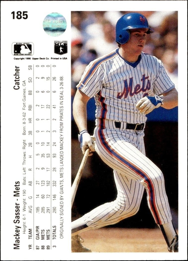 1990 Upper Deck Low Number Mackey Sasser #185 baseball trading card back