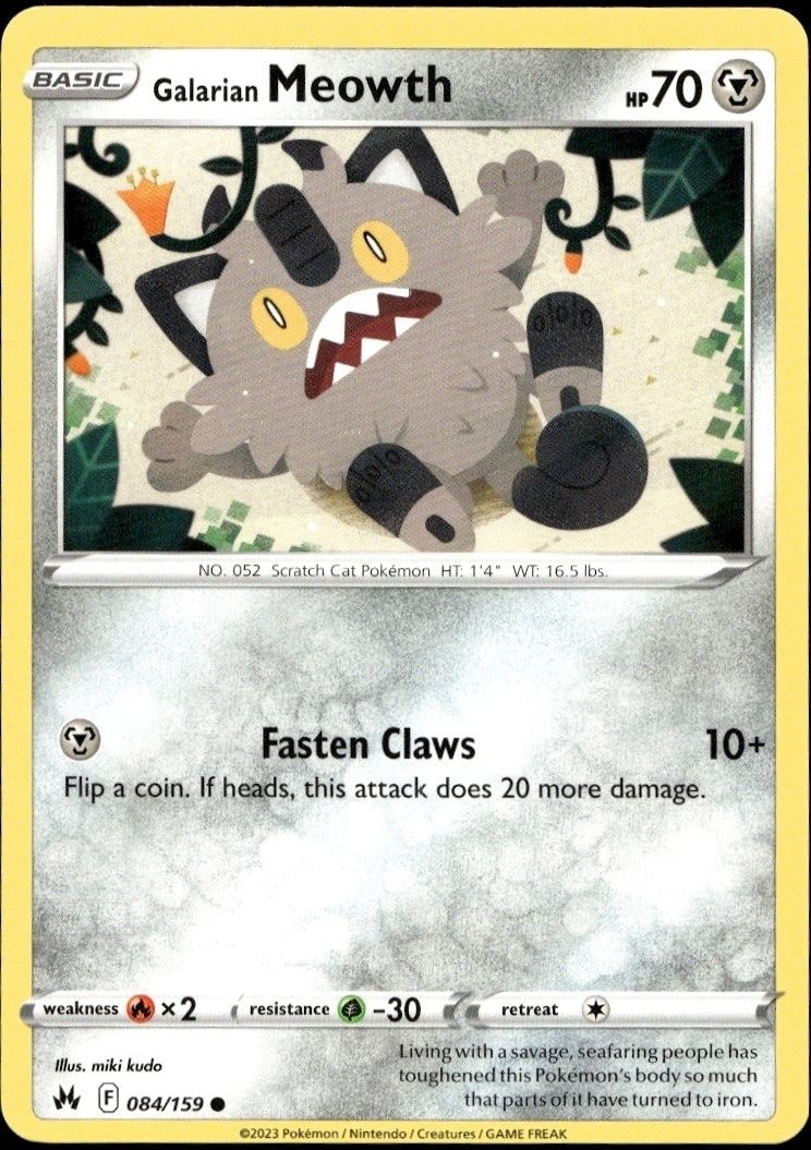 2023 Pokémon Crown Zenith Galarian Meowth #84/159 Pokémon card front