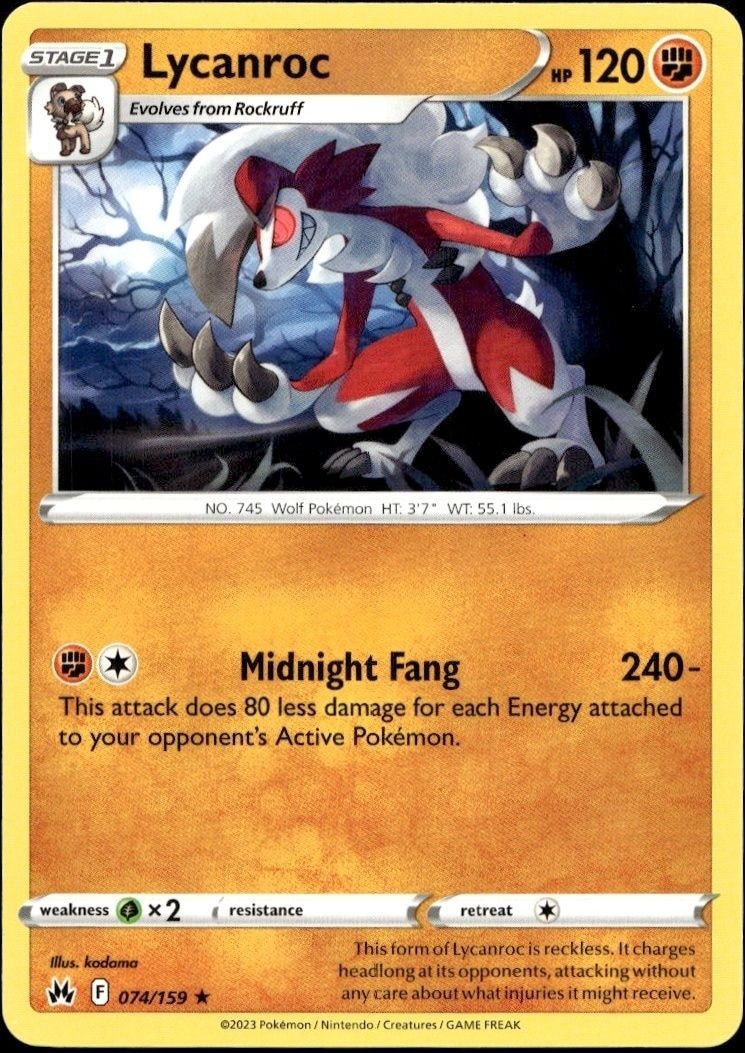 2023 Pokémon Crown Zenith Lycanroc #074/159 trading card
