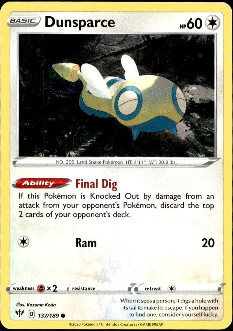 2020 Pokémon Darkness Ablaze Dunsparce #137/189 trading card