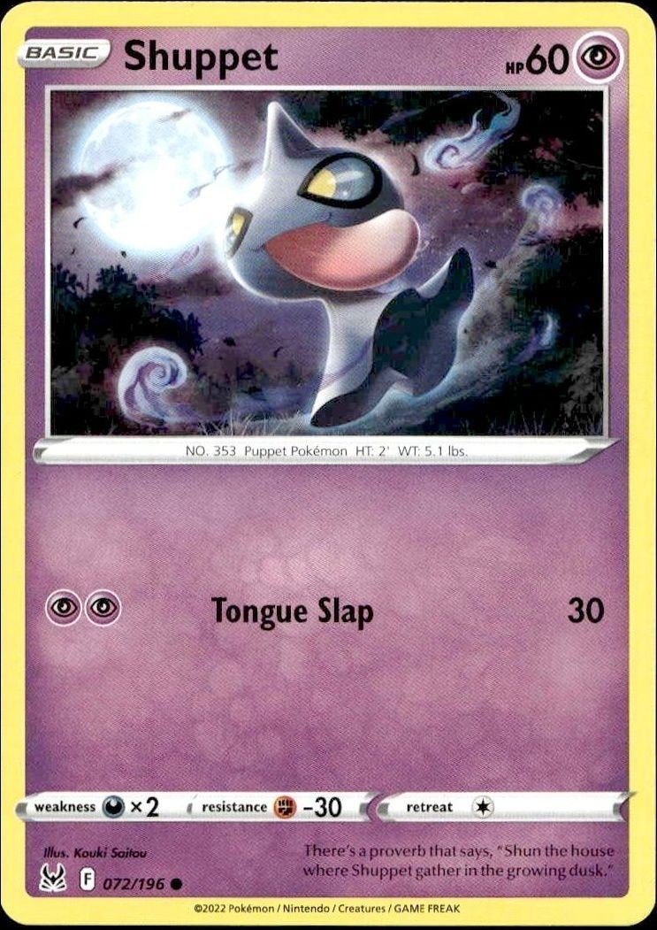 2022 Pokémon Lost Origin Shuppet #072/196 trading card