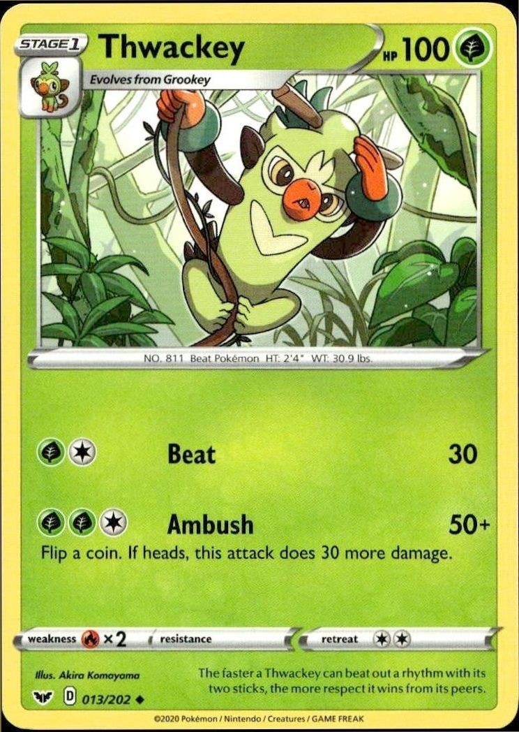2020 Pokémon Sword & Shield Thwackey #013/202 Pokémon card front