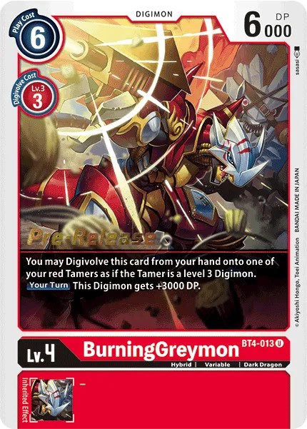 BurningGreymon (Pre Release Stamp - Uncommon 0 · U · Normal) · 2020 · BOOSTER GREAT LEGEND