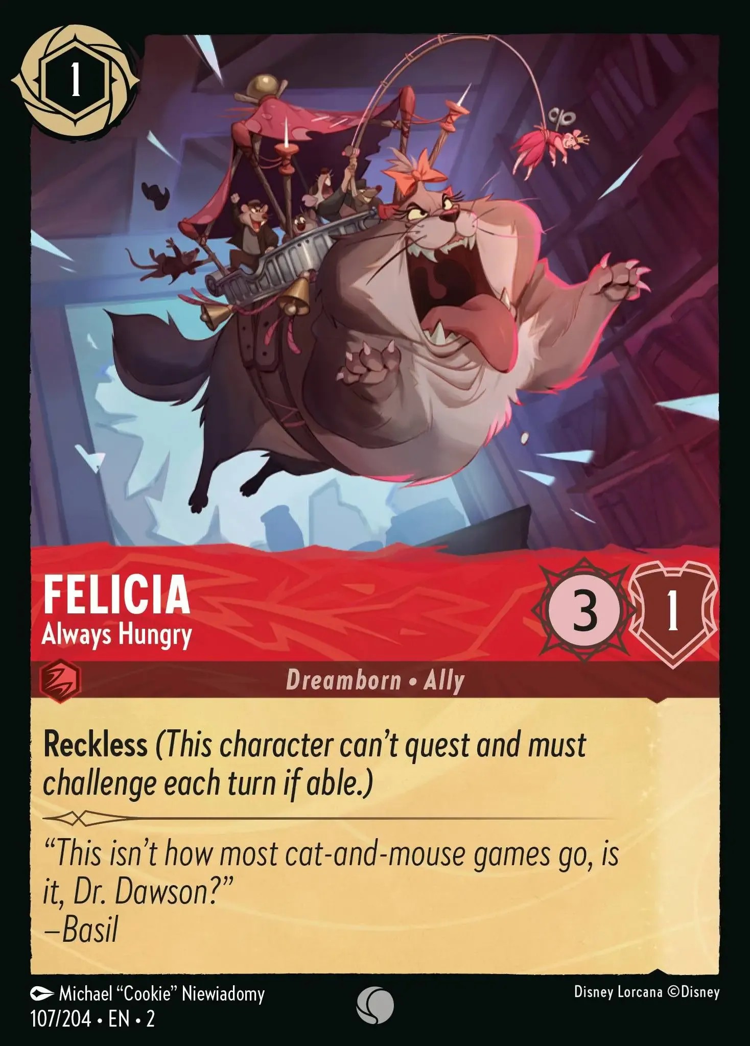 2023 Disney Lorcana Rise of the Floodborn Felicia - Always Hungry #107 trading card