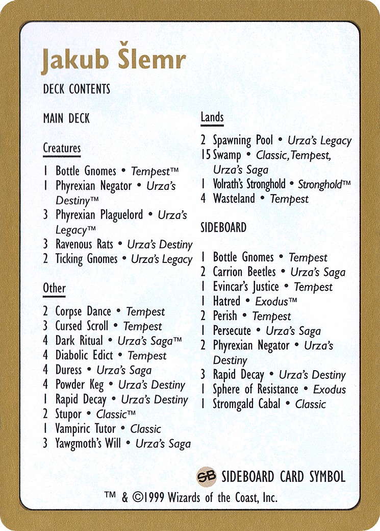 1999 Magic: The Gathering World Championship Decks Jakub Šlemr Decklist (1999) #js0b trading card