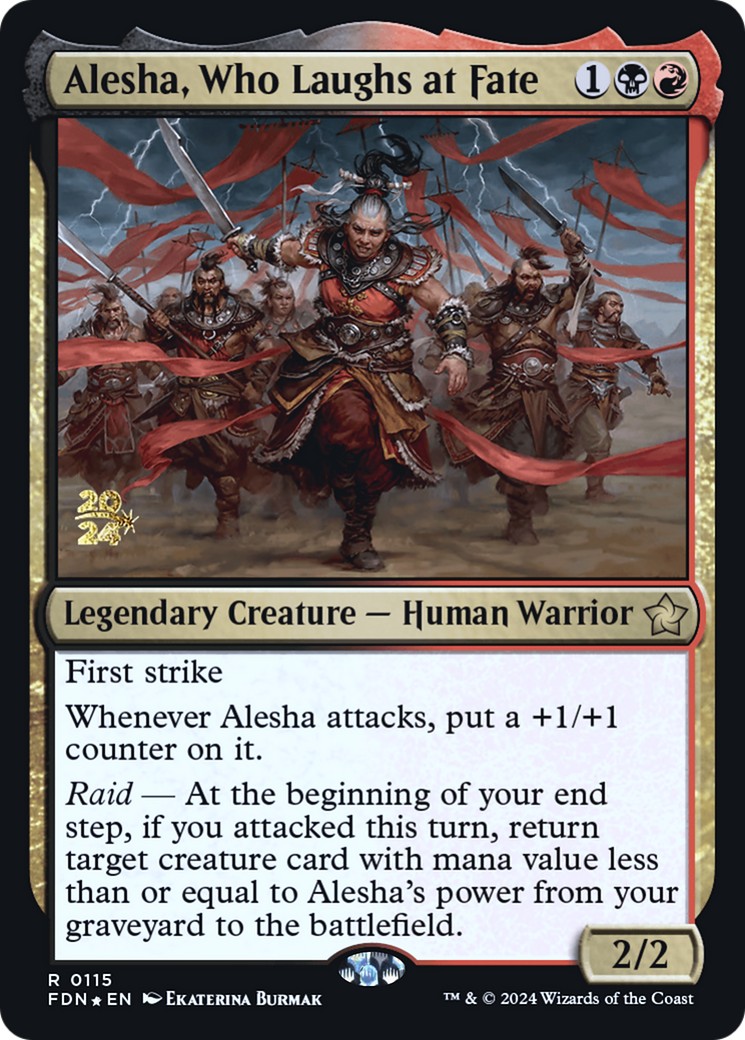 2024 Magic: The Gathering Foundations Promos Alesha, Who Laughs at Fate #115s trading card