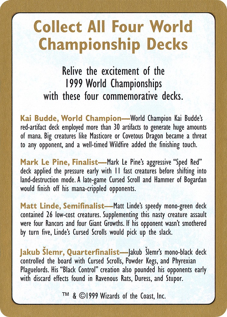 1999 Magic: The Gathering World Championship Decks 1999 World Championships Ad #0 trading card