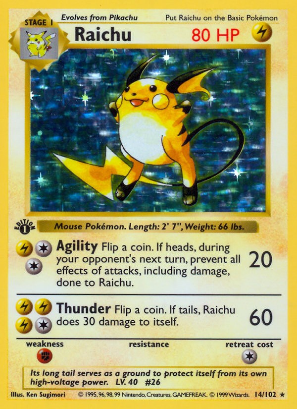 1999 Pokémon Base Raichu #14 trading card