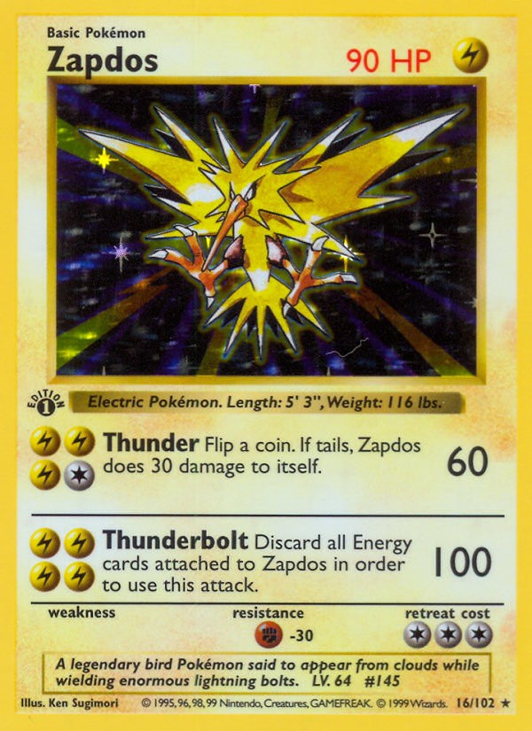 1999 Pokémon Base Zapdos #16 trading card