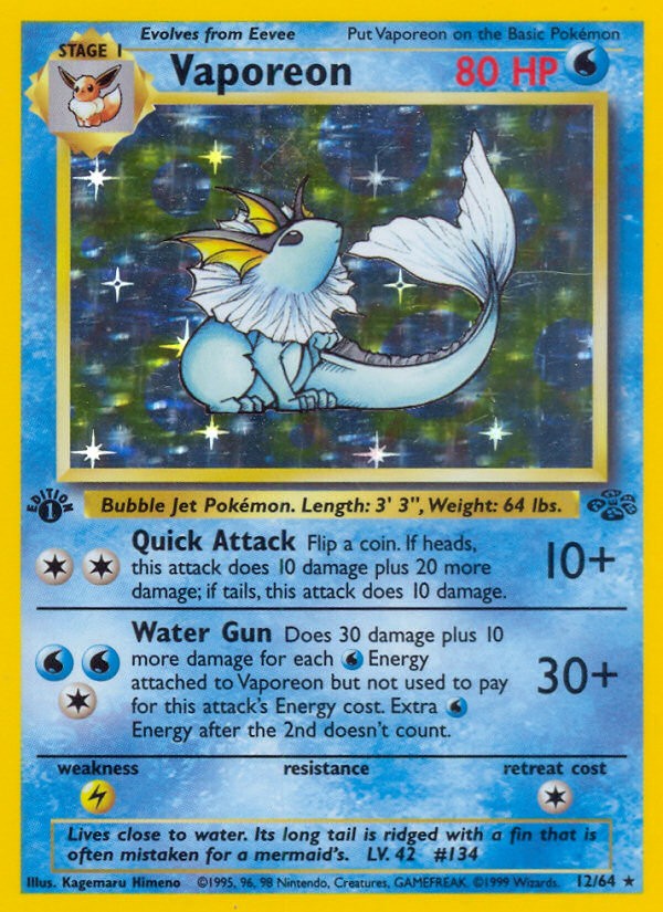 1999 Pokémon Jungle Vaporeon #12 trading card