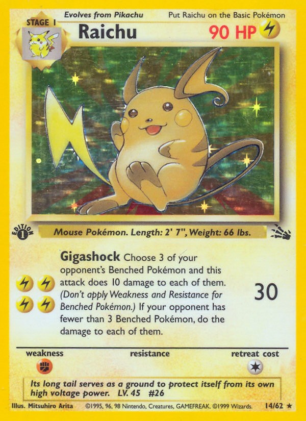 1999 Pokémon Fossil Raichu #14/62 Pokémon card front