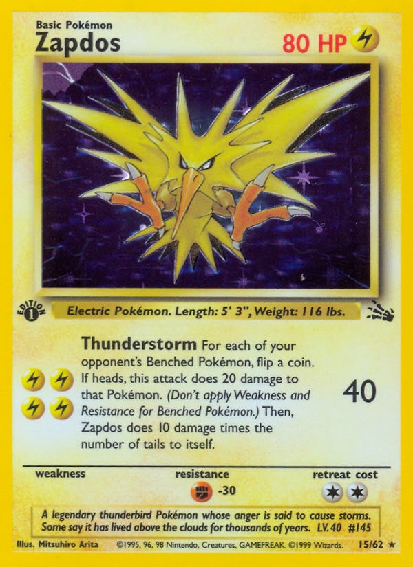 1999 Pokémon Fossil Zapdos #15 trading card