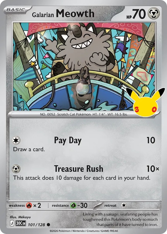 2026 Pokémon 30th Celebration Galarian Meowth #101 trading card