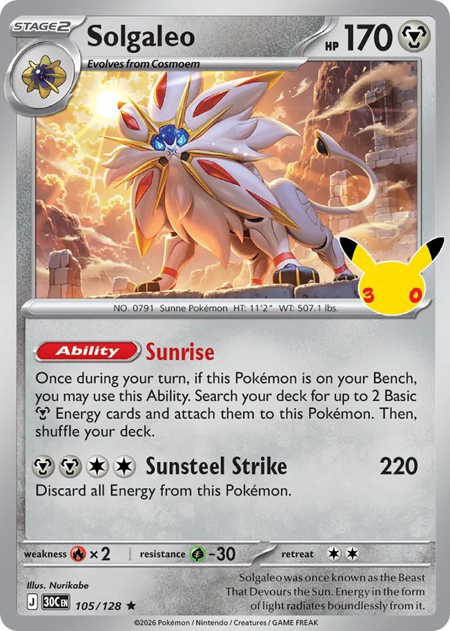2026 Pokémon 30th Celebration Solgaleo #105 trading card