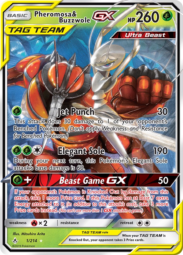 2019 Pokémon Unbroken Bonds Pheromosa & Buzzwole-GX #1 trading card